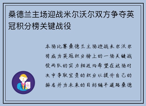 桑德兰主场迎战米尔沃尔双方争夺英冠积分榜关键战役