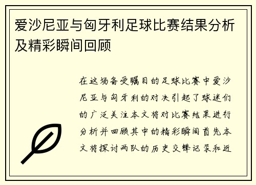 爱沙尼亚与匈牙利足球比赛结果分析及精彩瞬间回顾