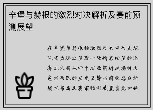 辛堡与赫根的激烈对决解析及赛前预测展望