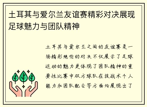 土耳其与爱尔兰友谊赛精彩对决展现足球魅力与团队精神