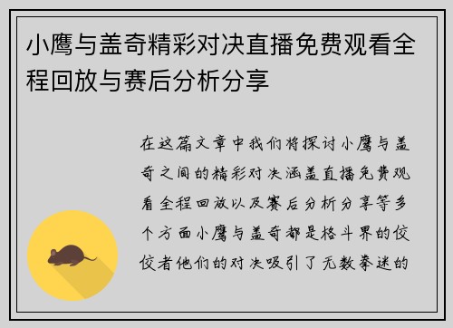 小鹰与盖奇精彩对决直播免费观看全程回放与赛后分析分享