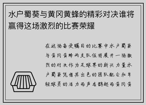 水户蜀葵与黄冈黄蜂的精彩对决谁将赢得这场激烈的比赛荣耀