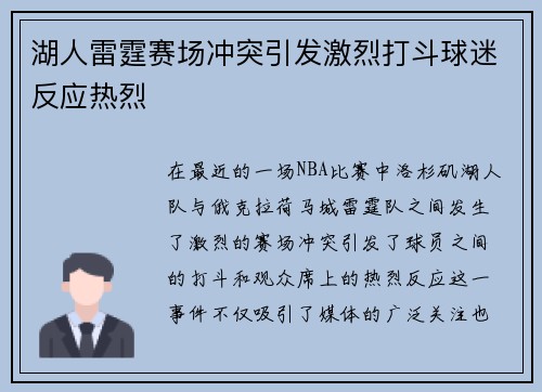 湖人雷霆赛场冲突引发激烈打斗球迷反应热烈