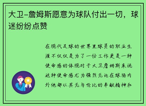 大卫-詹姆斯愿意为球队付出一切，球迷纷纷点赞