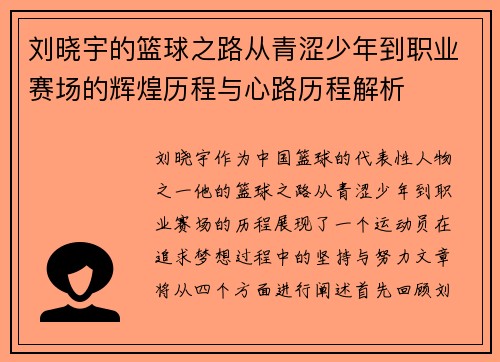 刘晓宇的篮球之路从青涩少年到职业赛场的辉煌历程与心路历程解析