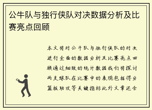 公牛队与独行侠队对决数据分析及比赛亮点回顾