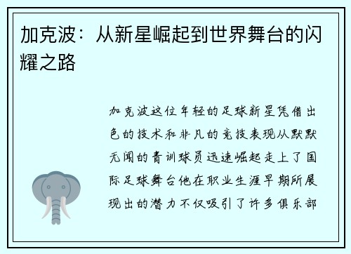 加克波：从新星崛起到世界舞台的闪耀之路