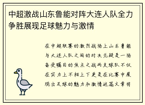 中超激战山东鲁能对阵大连人队全力争胜展现足球魅力与激情