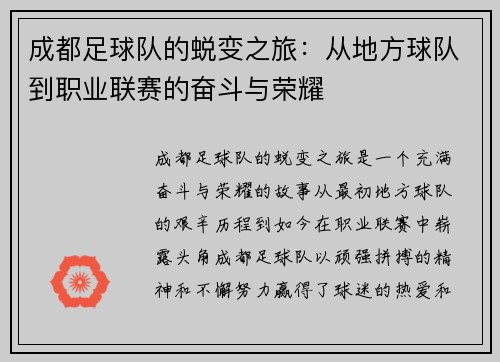 成都足球队的蜕变之旅：从地方球队到职业联赛的奋斗与荣耀