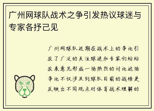 广州网球队战术之争引发热议球迷与专家各抒己见
