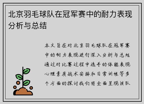 北京羽毛球队在冠军赛中的耐力表现分析与总结