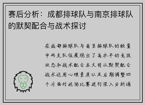 赛后分析：成都排球队与南京排球队的默契配合与战术探讨
