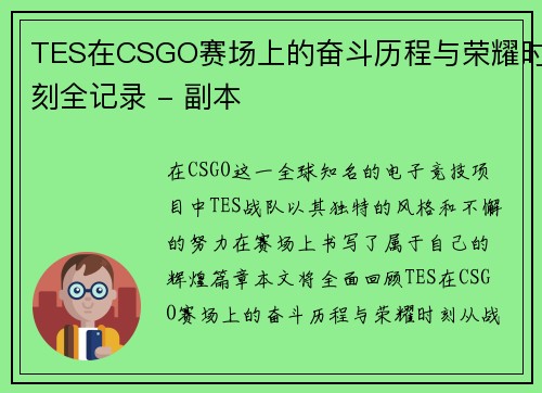 TES在CSGO赛场上的奋斗历程与荣耀时刻全记录 - 副本