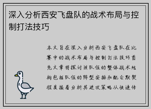 深入分析西安飞盘队的战术布局与控制打法技巧